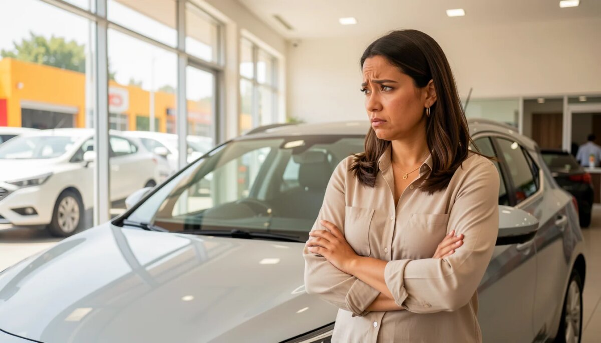 O que considerar no momento de comprar um carro? Mulher avaliando carro em concessionária antes de decidir a compra