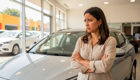 Mulher avaliando carro em concessionária antes de decidir a compra