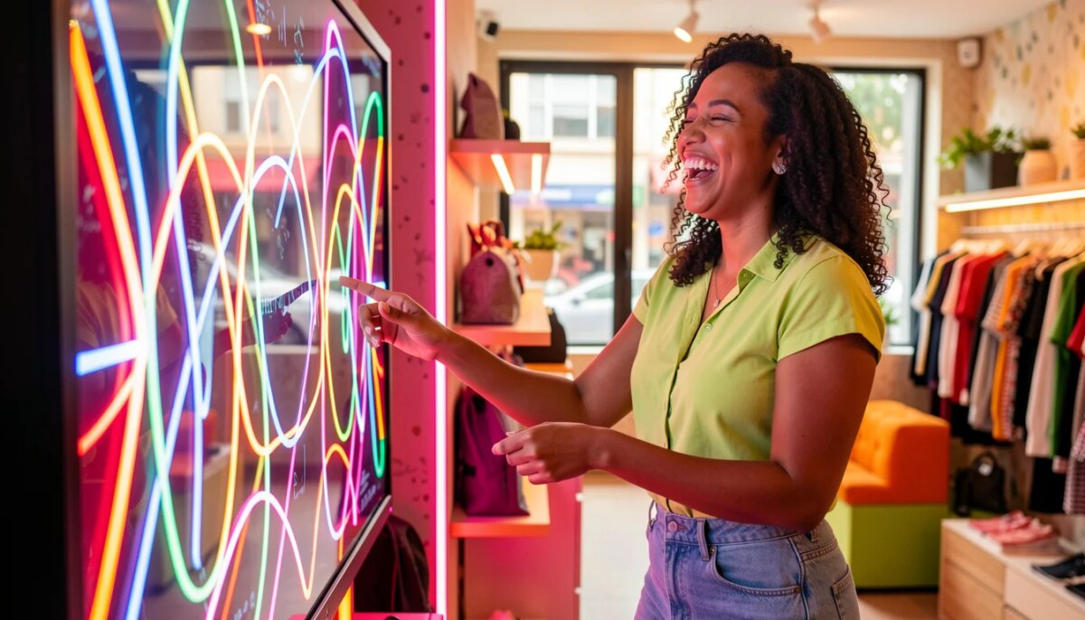 Gamificação no varejo: como tornar o ponto de venda mais atrativo para os clientes? Cliente sorrindo interage com display interativo de gamificação em loja moderna
