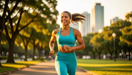 Playlist para treino: BPM ideal por modalidade e modelos prontos Mulher correndo ao amanhecer em parque urbano com fones de ouvido, treino com playlist por BPM
