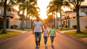 Família feliz caminhando em rua arborizada de condomínio fechado em Goiânia ao pôr do sol
