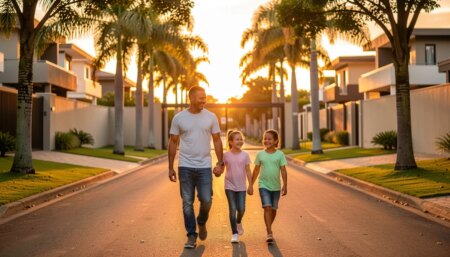 Família feliz caminhando em rua arborizada de condomínio fechado em Goiânia ao pôr do sol