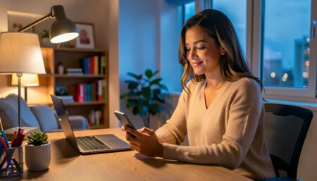 Telemedicina 24h para equipes: benefício, adesão e NR 1 Profissional em home office usando telemedicina 24h pelo celular durante a madrugada