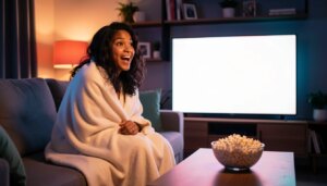 Calendário Nerd: as séries mais aguardadas de setembro e onde assistir cada uma Mulher assistindo séries de streaming no sofá, com cobertor, pipoca e luz colorida ambiente