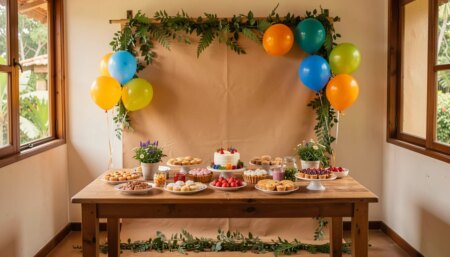 Mesa de doces com decoração de festa simples e barata em casa