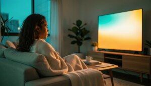 Ranking: As 10 Melhores Séries dos Últimos 10 Anos (2016-2026) Mulher em sofá moderno assistindo série na TV com luz cinematográfica quente