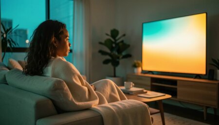 Mulher em sofá moderno assistindo série na TV com luz cinematográfica quente