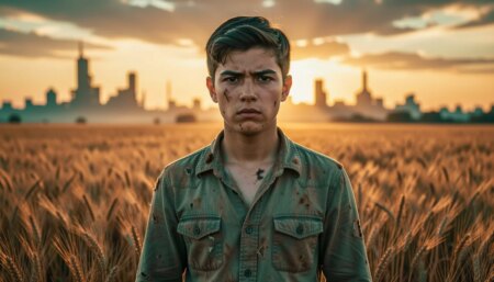 Jovem em campo de trigo ao amanhecer com visual cinematográfico distópico