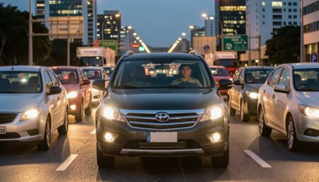 SUV discreto em rodovia brasileira ao anoitecer com agente à paisana