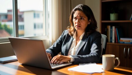 Mulher brasileira preocupada em home office após descobrir riscos de white label em opções binárias