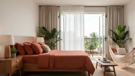 Ideias de decoração para quarto de casal com varanda: cama, cortina e sacada funcional
